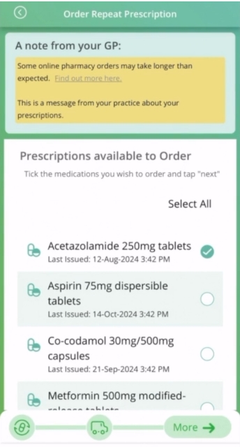 A screenshot of choosing the medication you'd like to request on repeat prescription in the Evergreen Life app.